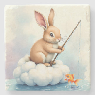 Bunny Fishing from a Cloud Stone Coaster