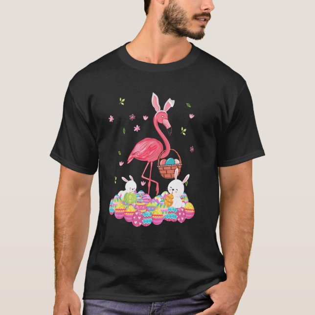 Bunny Flamingo Bringing Easter Eggs Basket Flower  T-Shirt (Front)