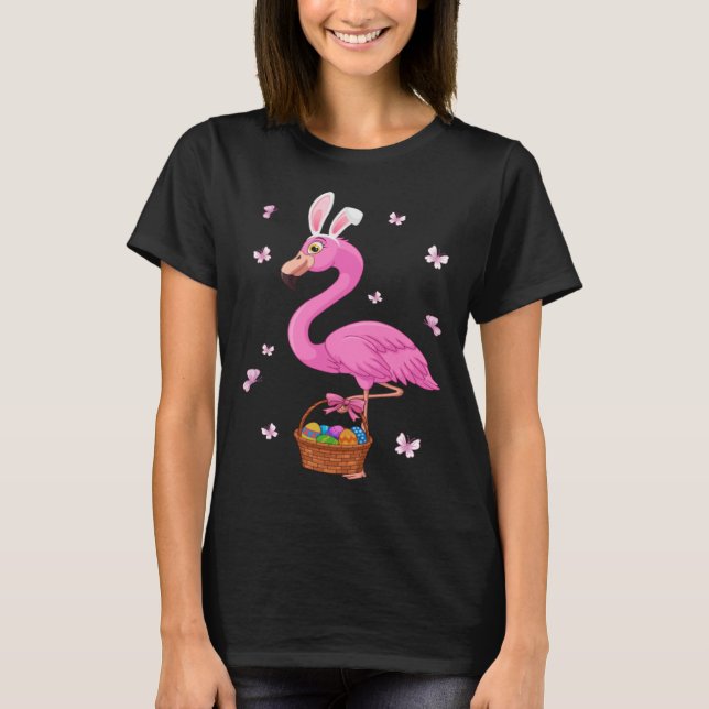Bunny Flamingo Bringing Eggs Basket Happy Easter D T-Shirt (Front)