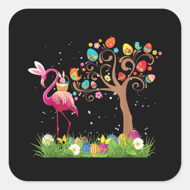 Bunny Flamingo Easter 2021 | Cute Flamingo Lovers Square Sticker (Front)