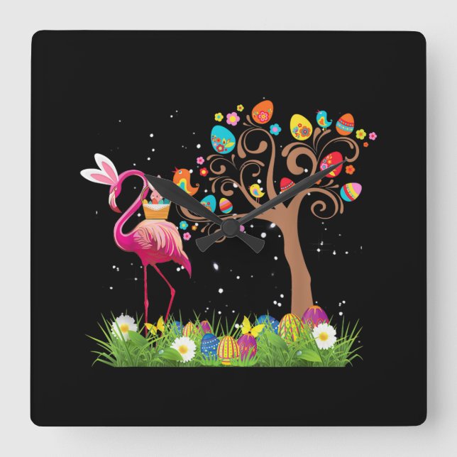 Bunny Flamingo Easter 2021 | Cute Flamingo Lovers Square Wall Clock (Front)