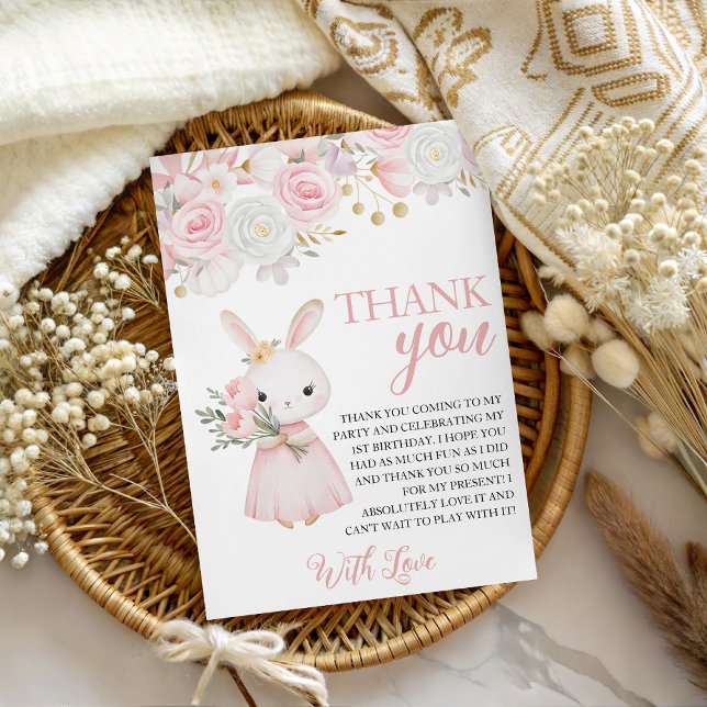 Bunny Floral 1st Birthday Thank You Invitation (Creator Uploaded)