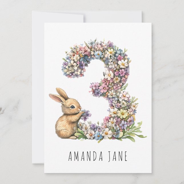 Bunny Floral 3rd Birthday Invitation (Front)