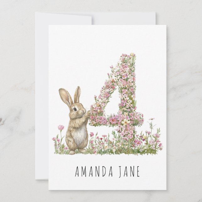 Bunny Floral 4th Birthday Invitation (Front)