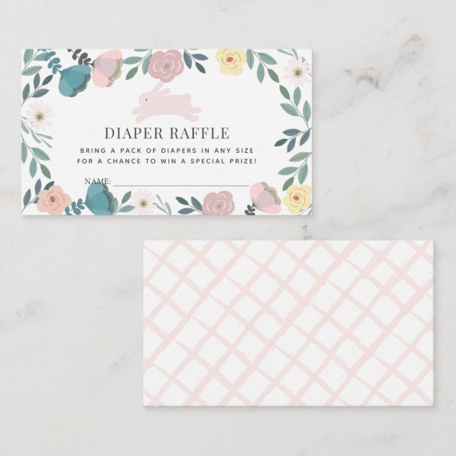 Bunny Floral Baby Shower Diaper Raffle Ticket Enclosure Card (Front/Back)