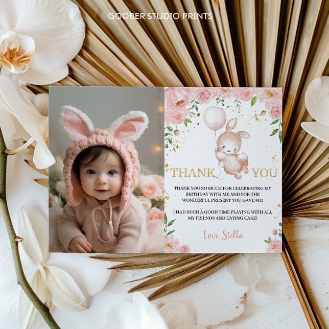 Bunny Floral Balloon Birthday Photo Thank You Card (Creator Uploaded)