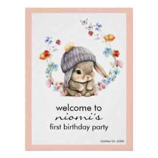 Bunny Floral First Birthday Welcome Sign
