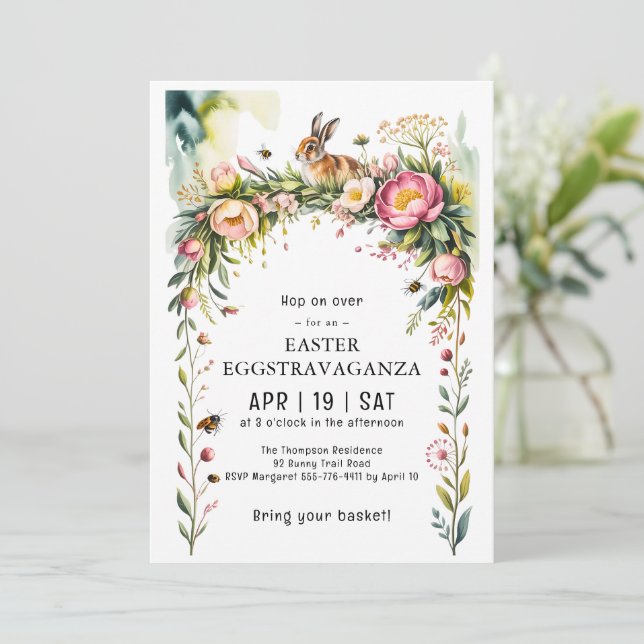 Bunny Floral Garland Easter Eggstravaganza Invite (Standing Front)