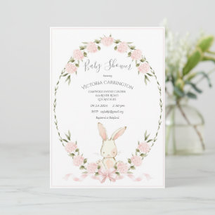 Bunny Floral Hydrangeas Pink Girl Baby Shower Invitation