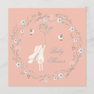 Bunny Floral Wreath Dandelions Baby Shower Invitation