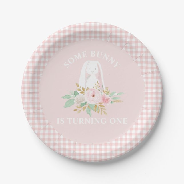 Bunny Flowers and Pink Gingham Birthday Paper Plate (Front)