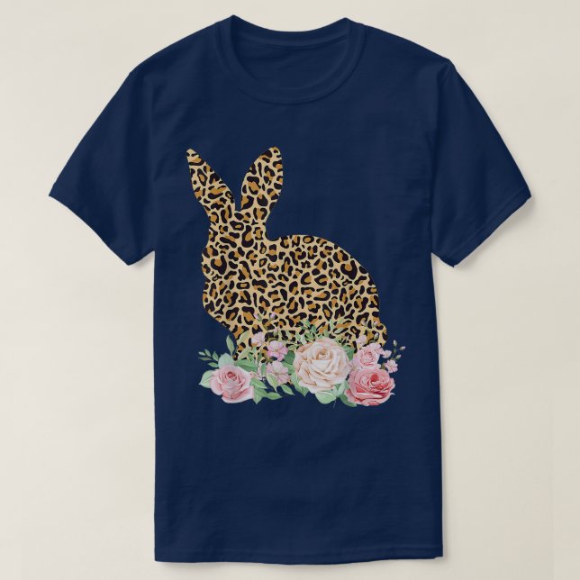 Bunny Flowers Leopard Print Girls Women Happy East T-Shirt (Design Front)