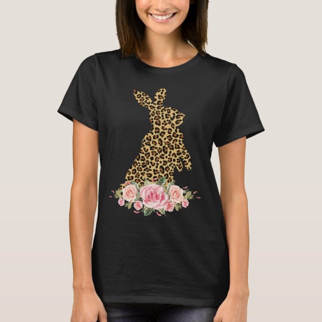 Bunny Flowers Leopard Print Girls Women Happy East T-Shirt (Front)