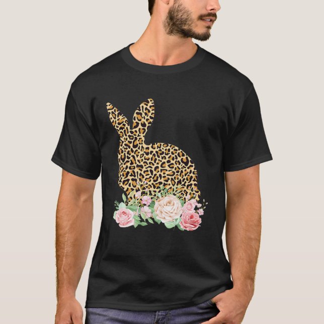Bunny Flowers Leopard Print Girls Women Happy East T-Shirt (Front)