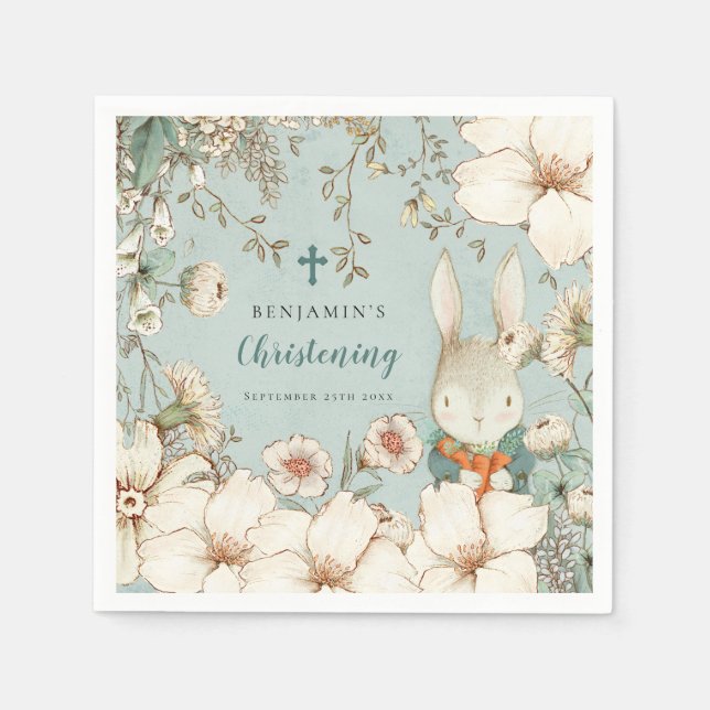 Bunny Foliage Christening Baptism Name Powder Blue Napkin (Front)