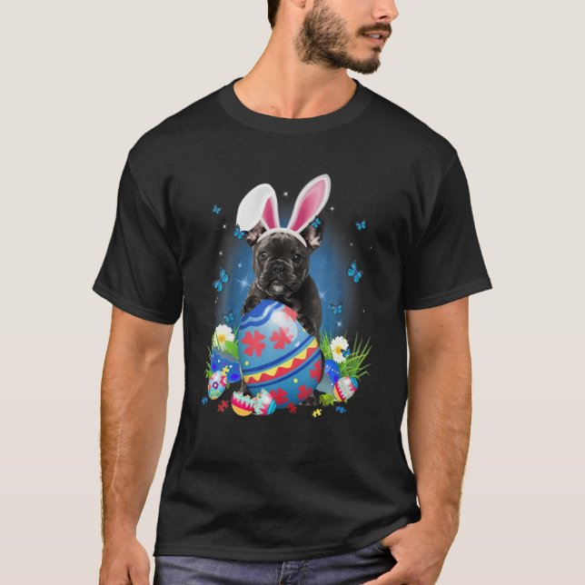 Bunny French Bulldog With Egg Basket Easter Flower T-Shirt (Front)