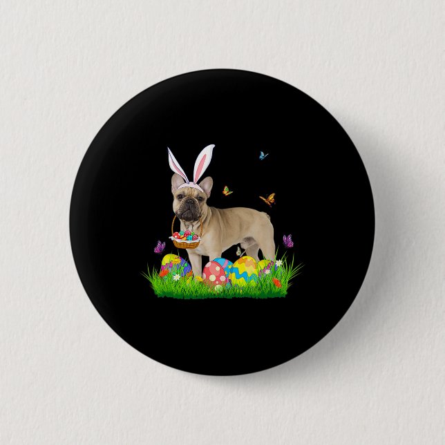 Bunny French Bulldog With Egg Basket Easter Huntin 6 Cm Round Badge (Front)