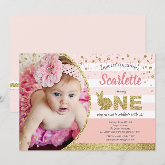 Bunny girl 1st birthday photo invitation pink gold (Front/Back)