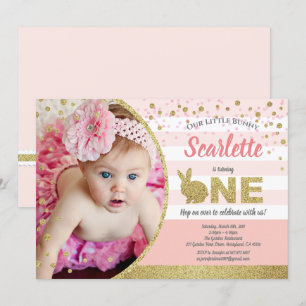 Bunny girl 1st birthday photo invitation pink gold