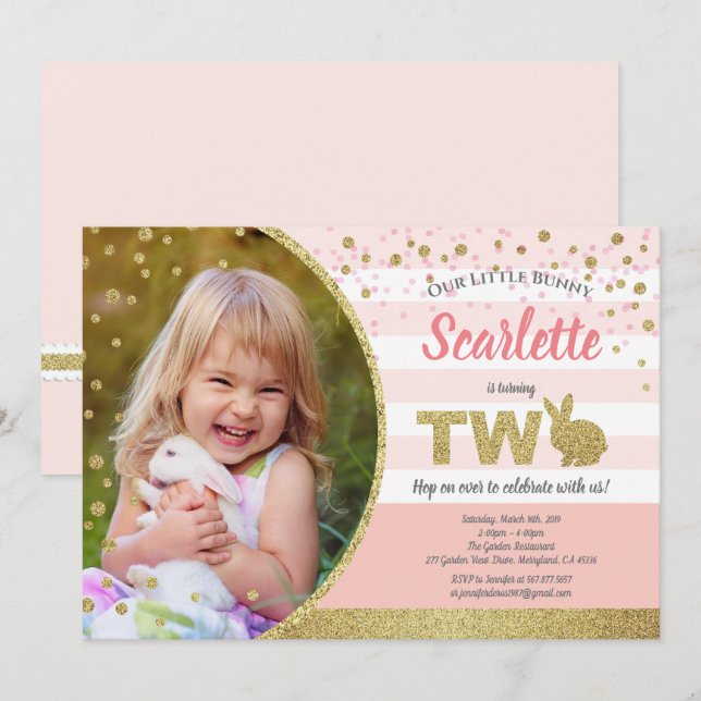 Bunny girl 2nd birthday photo invitation pink gold (Front/Back)