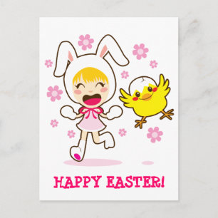 Bunny Girl And Little Chick Holiday Postcard