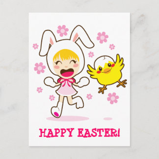 Bunny Girl And Little Chick Holiday Postcard