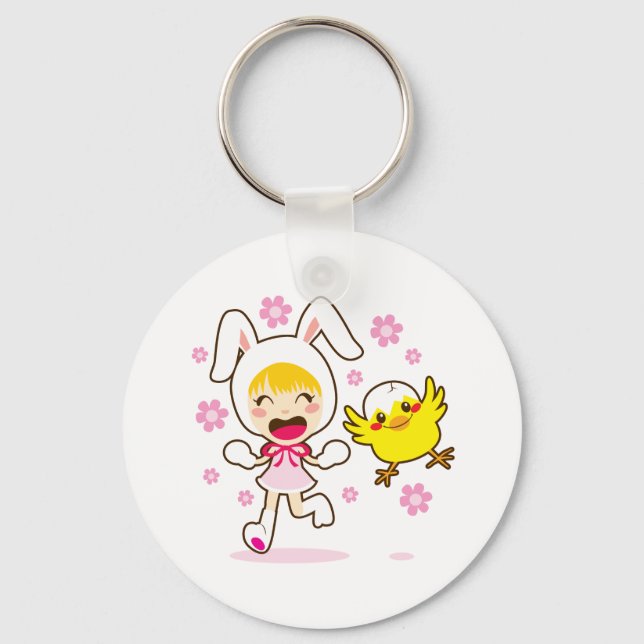 Bunny Girl And Little Chick Key Ring (Front)