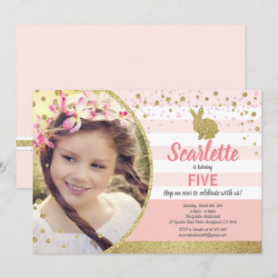 Bunny girl birthday photo invitation pink gold