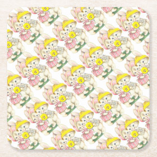 Bunny Girl + Boy Square Paper Coaster