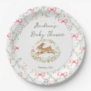 Bunny Girl Floral Pink Bow Baby Shower Paper Plate