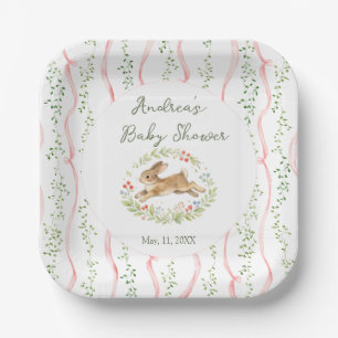Bunny Girl Floral Pink Bow Baby Shower Paper Plate