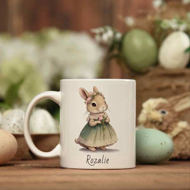 Bunny Girl in a dress Pink Floral Whimsical Easter Coffee Mug (Creator Uploaded)