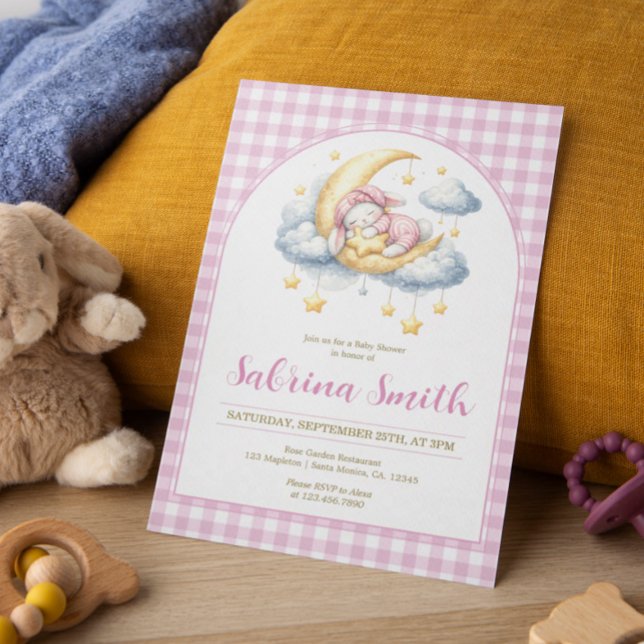 Bunny Girl Moon Star Pink Gingham Baby Shower  Invitation (Creator Uploaded)