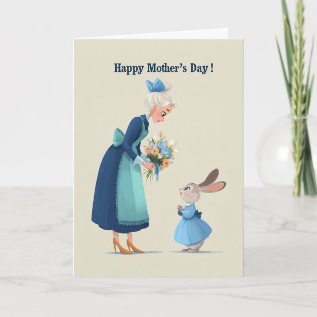 Bunny Giving Flowers to Grandma for Mother's Day Card (Front)