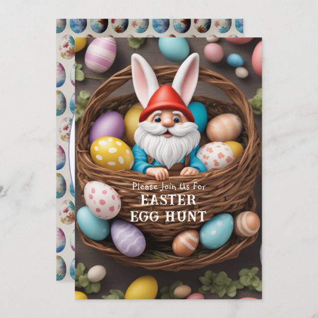 Bunny Gnome in Basket Easter Egg Hunt Invitation (Front/Back)