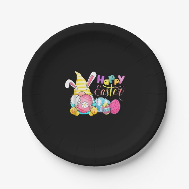 Bunny Gnome Rabbit Eggs Hunting Happy Easter Day Paper Plate (Front)
