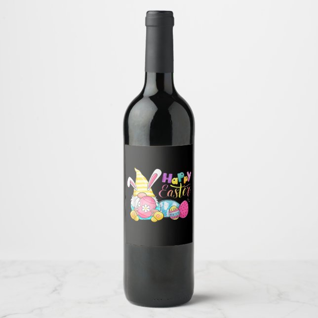 Bunny Gnome Rabbit Eggs Hunting Happy Easter Day Wine Label (Front)