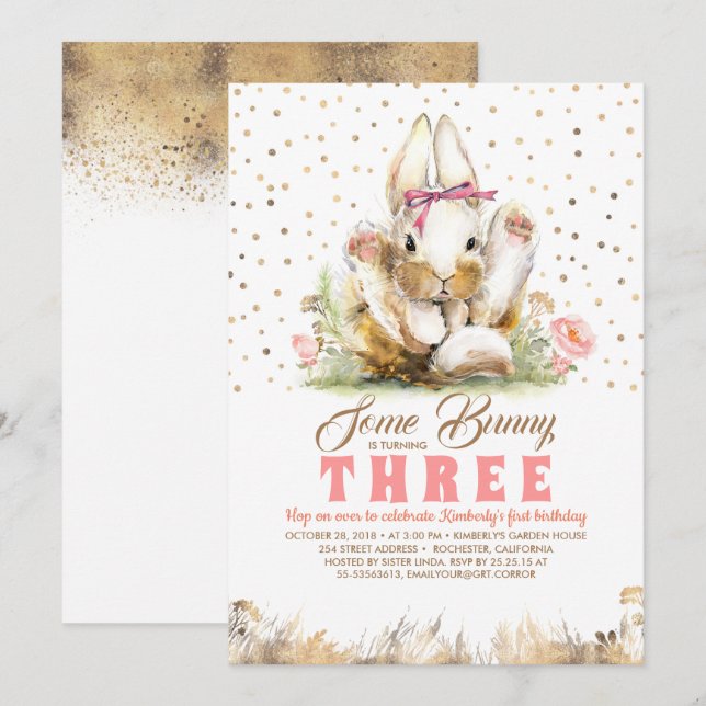 Bunny Gold Glitters Pink Floral Birthday Invitation (Front/Back)