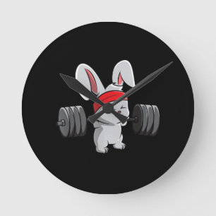 Bunny Gym Rabbit Ness Weightlifting Funny Art Round Clock