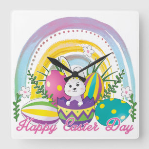 Bunny Happy Easter Day with Colours of the rainbow Square Wall Clock