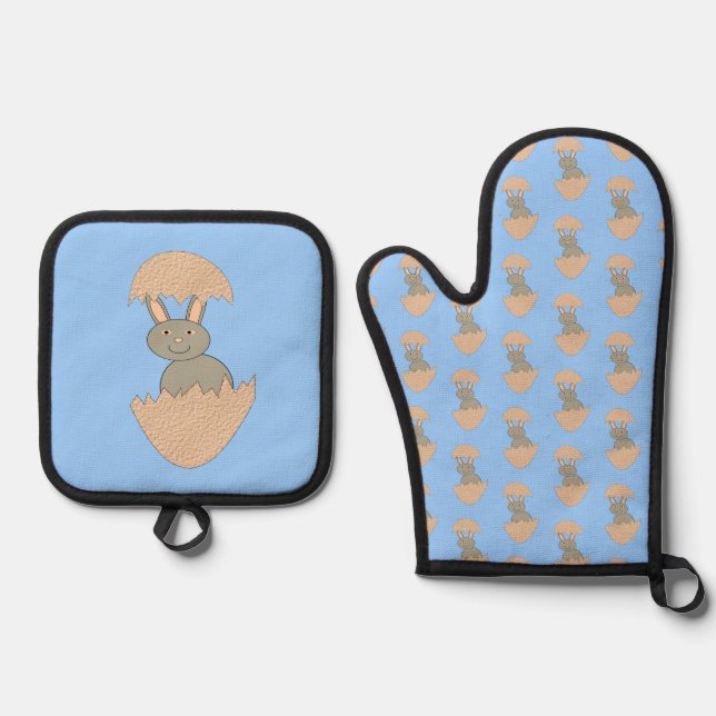 Bunny Hatching from Egg Weird Oven Mitt & Pot Holder Set (Front)