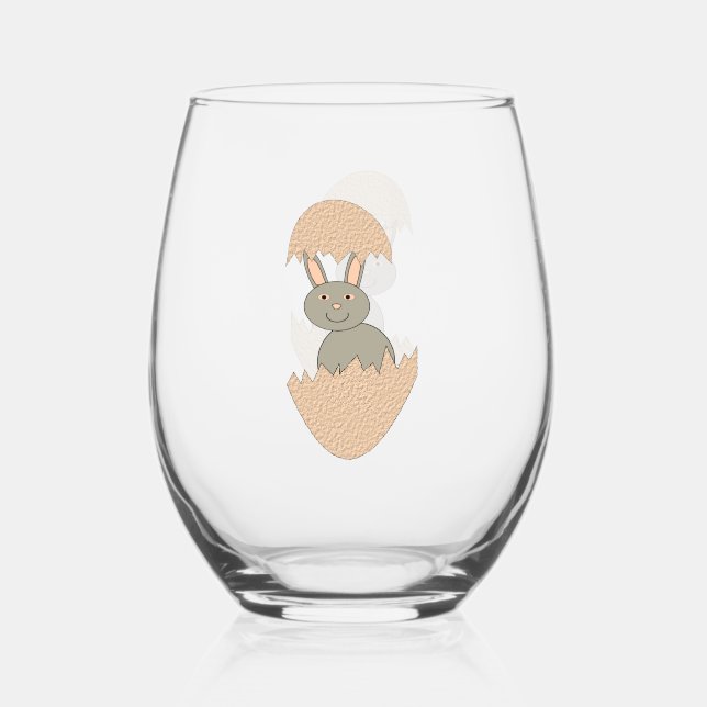 Bunny Hatching from Egg Weird Stemless Wine Glass (Front)