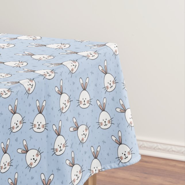 Bunny Heads Over Sky Blue Pattern Tablecloth (In Situ)