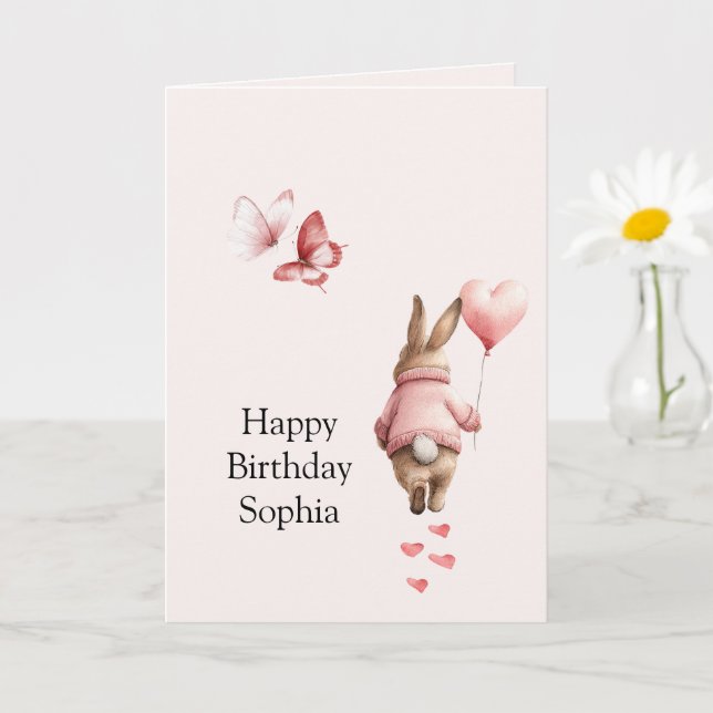 Bunny Heart Balloon Pink Butterflies Birthday Card (Small Plant)