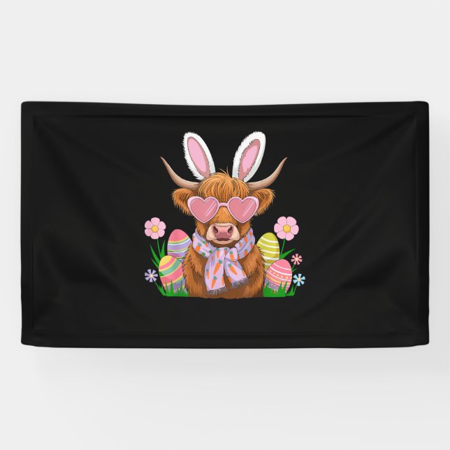 Bunny Highland Cow Easter Farmer Women Kids Easter Banner (Horizontal)