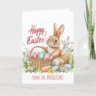 Bunny holding a basket full with Easter eggs Holiday Card