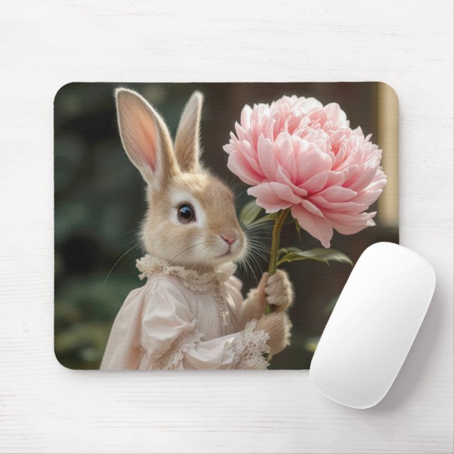 Bunny Holding a Pink Peony Mouse Mat (With Mouse)