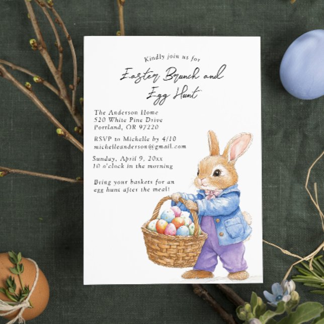 Bunny Holding Eggs in Basket Brunch and egg hunt Invitation (Creator Uploaded)