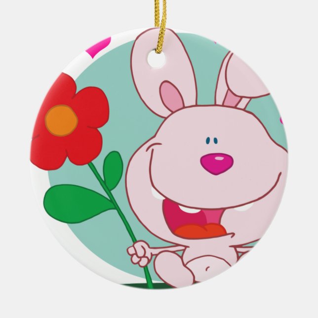 Bunny holds flower ceramic tree decoration (Front)