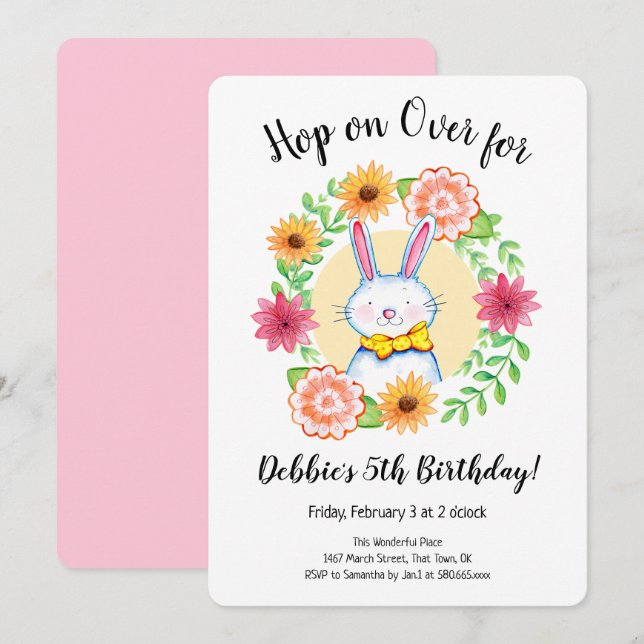 Bunny Hop On Over Pastel Birthday Party Invitation (Front/Back)